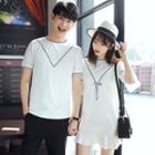 Couple Matching Striped Short Sleeve T-shirt / Bow Accent Elbow Sleeve Dress