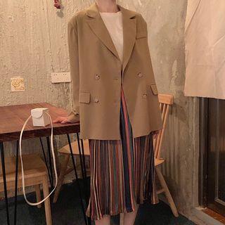 Double-breasted Blazer / Striped Midi Straight-fit Skirt