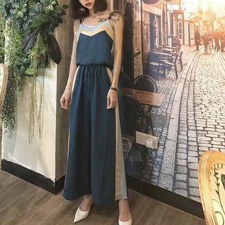 Set: Color-block V-neck Chiffon Camisole Top + Color-block Wide-leg Pants
