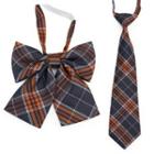 Set: Plaid Ribbon Bow Tie + Necktie Set Of 2 - Bow Tie + Necktie - Dark Gray & Tangerine - One Size