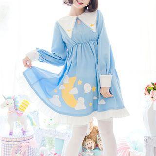 Star Embroidered Printed Long Sleeve Dress