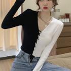 Two-tone Lace-up Knit Top