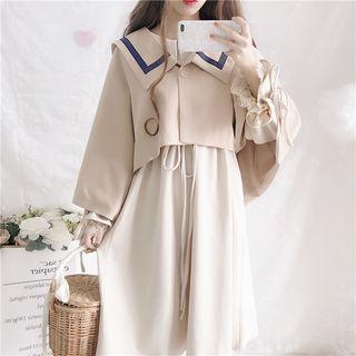 Contrast-trim Buttoned Cape / Long-sleeve Midi A-line Collared Dress