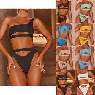 Set: One-shoulder Crop Swim Tank Top + Bottom