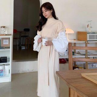 Mock Two-piece Lantern-sleeve Knit Midi A-line Dress