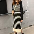 Long-sleeve Striped Midi Shift Knit Dress
