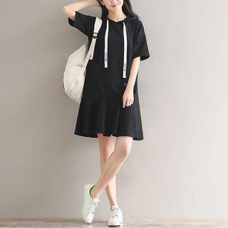 Elbow-sleeve Hooded Ruffle-hem Dress
