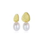 Sterling Silver Plated Gold Simple Fashion Geometric White Freshwater Pearl Asymmetric Earring Golden - One Size