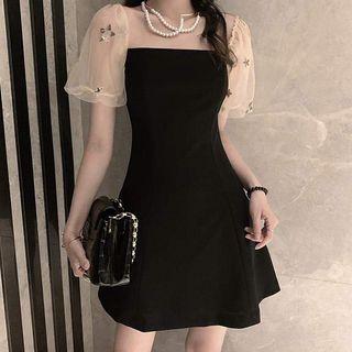Puff-sleeve Star Printed Slim Fit Dress