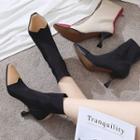 Elastic Fabric Color Panel Pointed Kitten Heel Short Boots