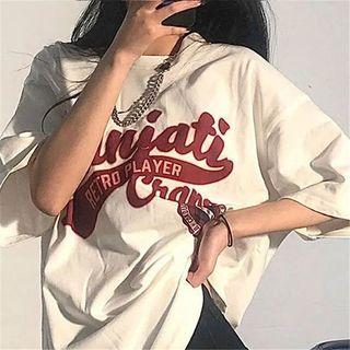 Elbow-sleeve Lettering Vintage T-shirt