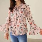 Bell-sleeve Tie-front Floral Blouse