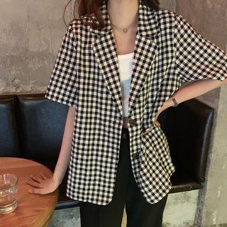Checked Single-breasted Short-sleeve Blazer Checked - Black & White - One Size