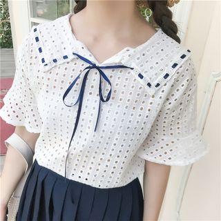 Perforated Elbow Sleeve Collared Top