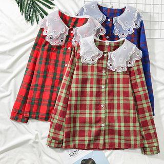 Mesh-collar Plaid Shirt