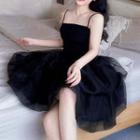 Spaghetti Strap Sheer A-line Dress Black - One Size