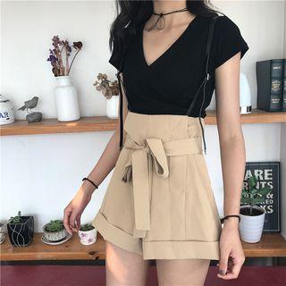 Set: V-neck Cap Sleeve T-shirt + Tie Waist Suspender Shorts