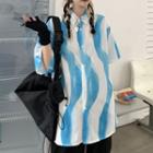Elbow-sleeve Wave Print Shirt