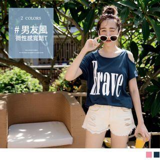 Cutout One Shoulder Short Sleeve Letter T-shirt