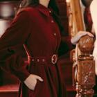 Set: Long-sleeve Polo-neck Corduroy Midi A-line Dress + Belt