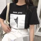 Lettering Cat Print Short-sleeve T-shirt