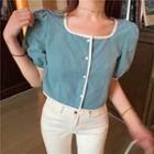 Puff-sleeve Contrast Trim Cropped Top