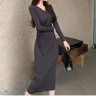Long-sleeve V-neck Plain Lace-up Slim Fit Knit Dress