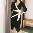 Color Block 3/4-sleeve Wrap Bodycon Dress
