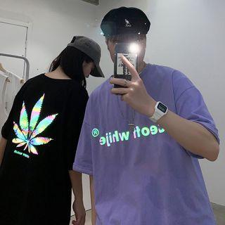 Couple Matching Short-sleeve Reflective Leaf Printed T-shirt