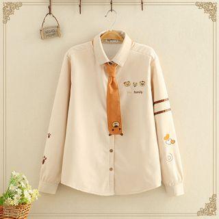 Bear Embroidered Fleece-lined Long-sleeve Shirt