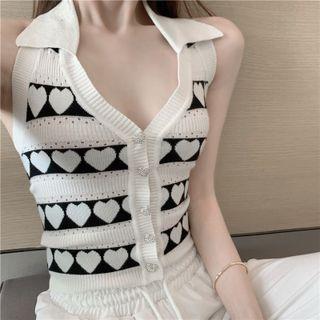 Heart Print Collared Knit Vest Heart Print - Black & White - One Size