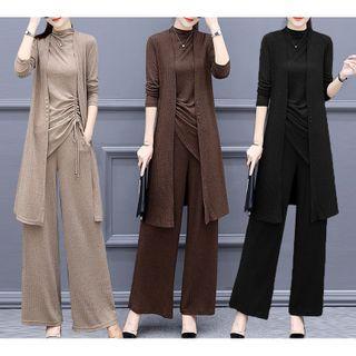 Set: Mock Neck Tank Top + Cardigan + Wide-leg Pants