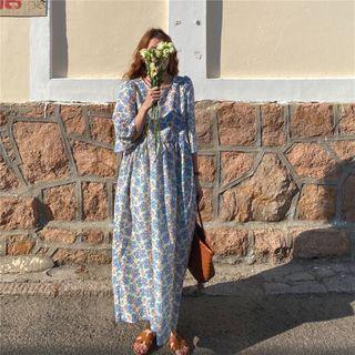 Floral Short-sleeve Maxi Chiffon Dress As Shown In Figure - One Size