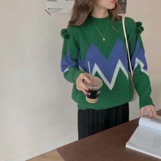 Long-sleeve Printed Knit Sweater Green - One Size