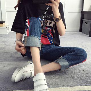 Striped Applique Straight Cut Jeans