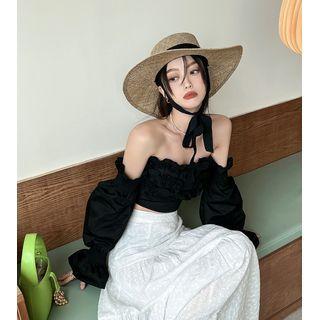 Puff-sleeve Off-shoulder Plain Cropped Blouse Black - One Size