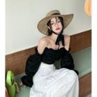 Puff-sleeve Off-shoulder Plain Cropped Blouse Black - One Size