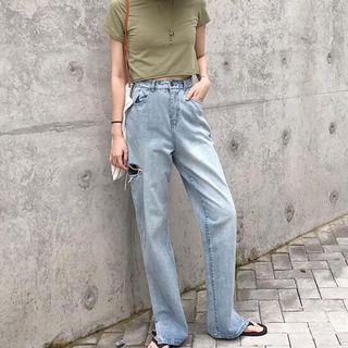 Distressed Slit Side Wide Leg Jeans