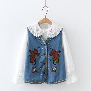 Bear Embroidered Denim Vest / Lace Trim Blouse