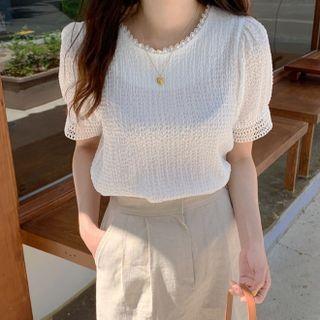 Puff Sleeve Lace Trim Ruched Blouse White - One Size