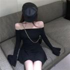 Long-sleeve Off Shoulder Plain Dress