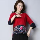 Embroidered Color Block 3/4-sleeve T-shirt