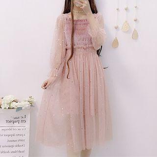 Sequin Long-sleeve A-line Midi Mesh Dress