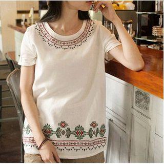 Short-sleeve Button-back Embroidered Top