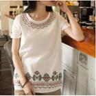 Short-sleeve Button-back Embroidered Top