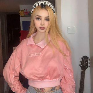 Letter Embroidered Collared Cropped Sweatshirt