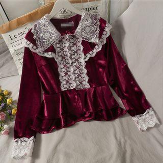 Lace-panel Slim-fit Velvet Blouse Red - One Size