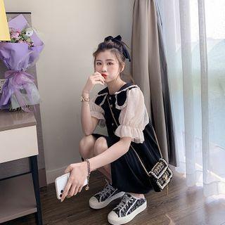 Puff-sleeve Buttoned Frill Trim A-line Dress