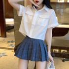 Short-sleeve Shirt / Plaid A-line Mini Pleated Skirt