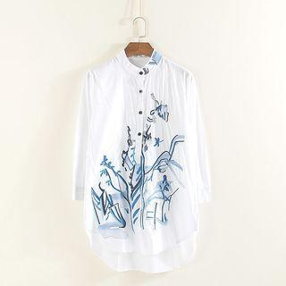 Literati Painting Embroidered Long-sleeve Shirt White - One Size
